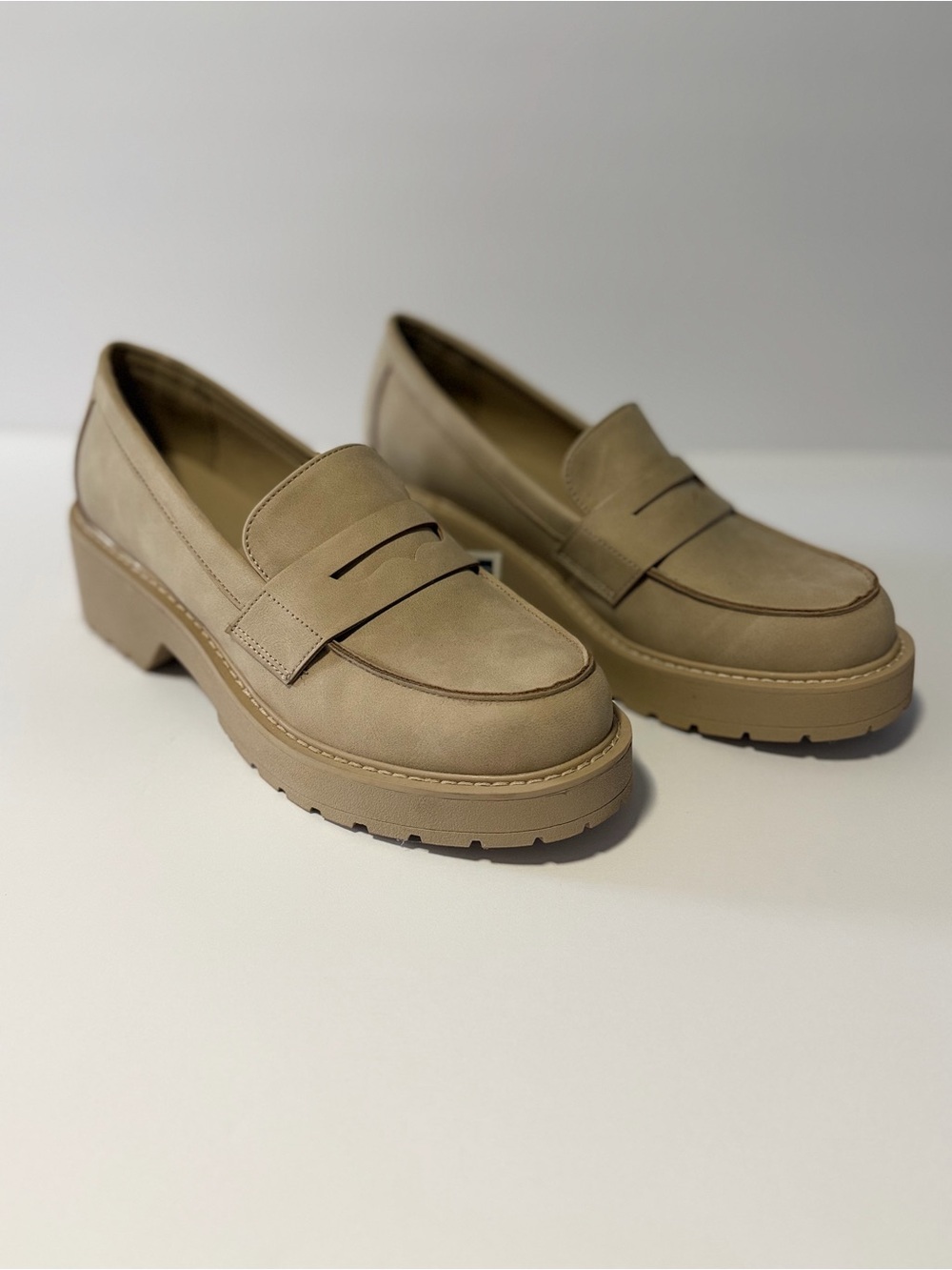 Madden Girl Taupe Chunky Lug Sole Penny Loafers